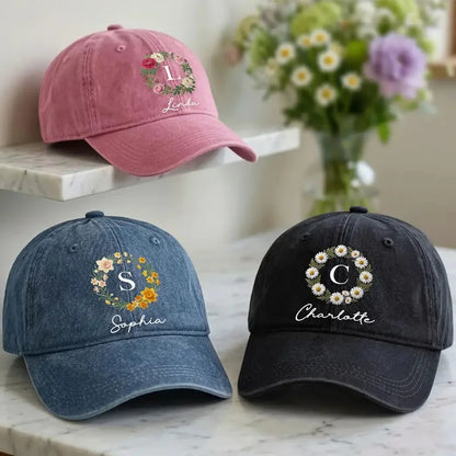 Personalized Birth Flower Wreath Denim Baseball Cap