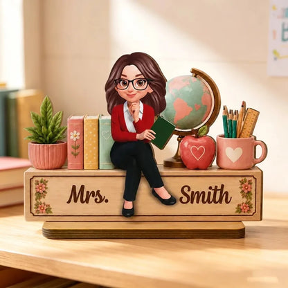 Personalized Teacher Books And Globe Wooden Plaque