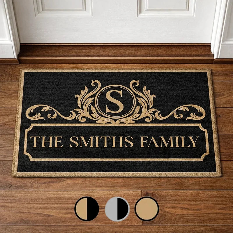 Personalized Family Monogram Black And Gold Doormat