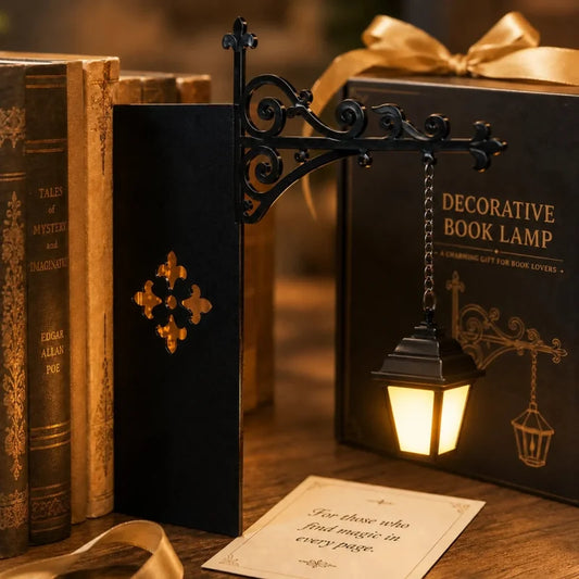 Bookshelf lantern light shown between books