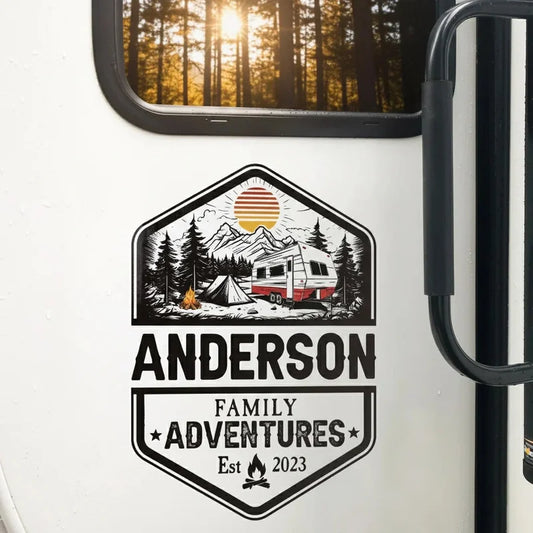 Personalized Sticker Decal for RV Camper Family Adventures Badge, Mountain Camping Scene, Unique Gift for Travel Lovers