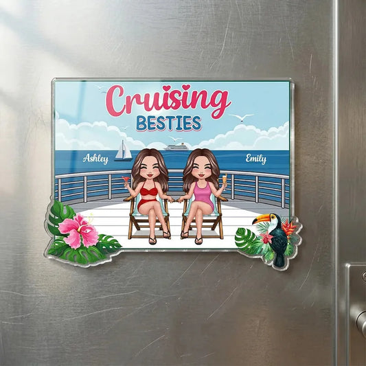 Personalized Cruise Besties Acrylic Magnet for Cabin Door, Sitting Deck Ocean View, Unique Friendship Gift