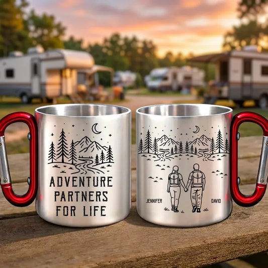 Custom Adventure Partners Stainless Steel Carabiner Mug, Personalized Couple Gift, Multiple Handle Colors