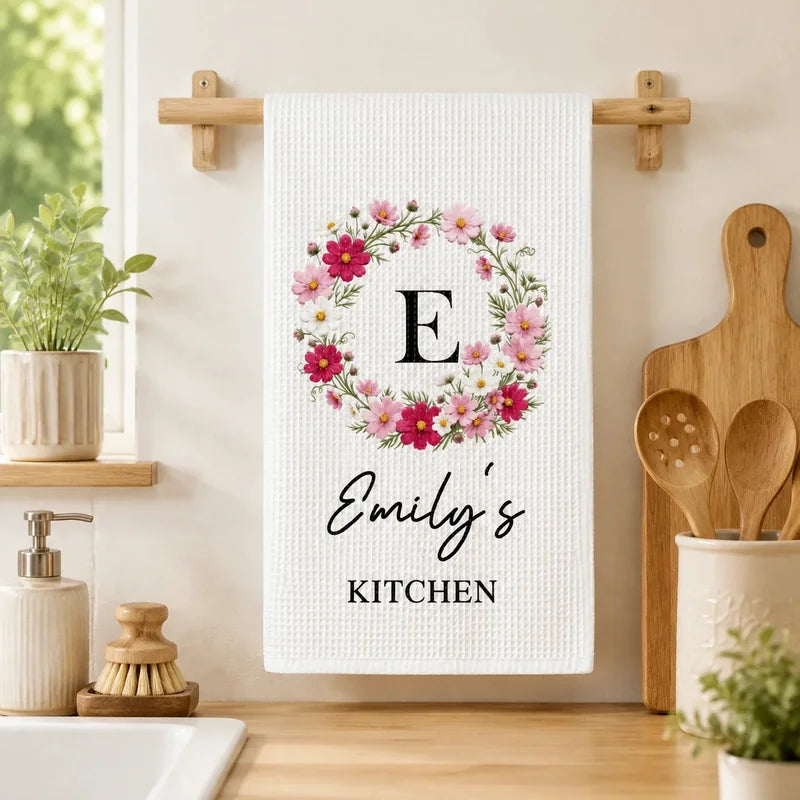 Personalized Birth Flower Kitchen Towel with Custom Name, Floral Wreath Tea Towel Gift for Home Cooks