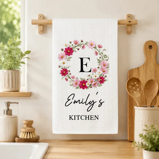 Personalized Birth Flower Kitchen Towel with Custom Name, Floral Wreath Tea Towel Gift for Home Cooks