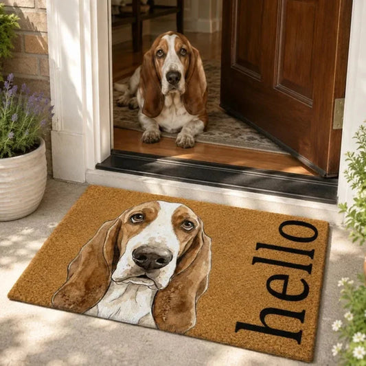 Personalized Hello Watercolor Dog Portrait Doormat