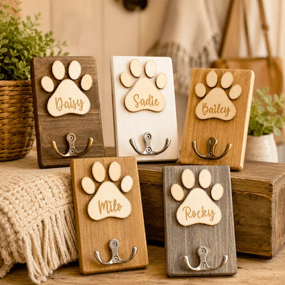 Personalized Paw Print Pet Name Wooden Leash Holder