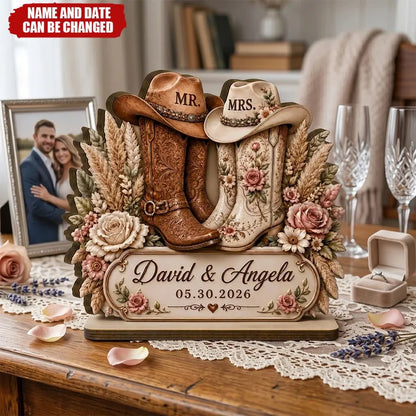 Personalized Cowboy Boots Wedding Wooden Plaque