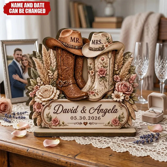 Personalized Cowboy Boots Wedding Wooden Plaque