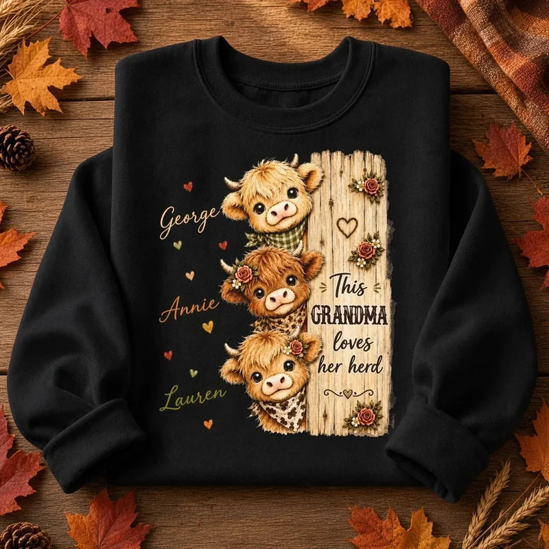 Custom Grandma Sweatshirt with Highland Cow Herd T-Shirt