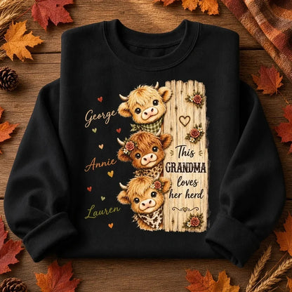 Custom Grandma Sweatshirt with Highland Cow Herd T-Shirt