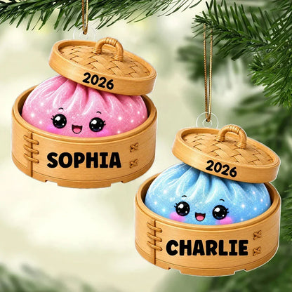 Personalized Acrylic Ornament, Cute Squishy Dumpling in Bamboo Steamer, Unique Christmas Gift for Kids