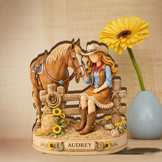 Personalized Cowgirl Bonding with Horse Wooden Plaque