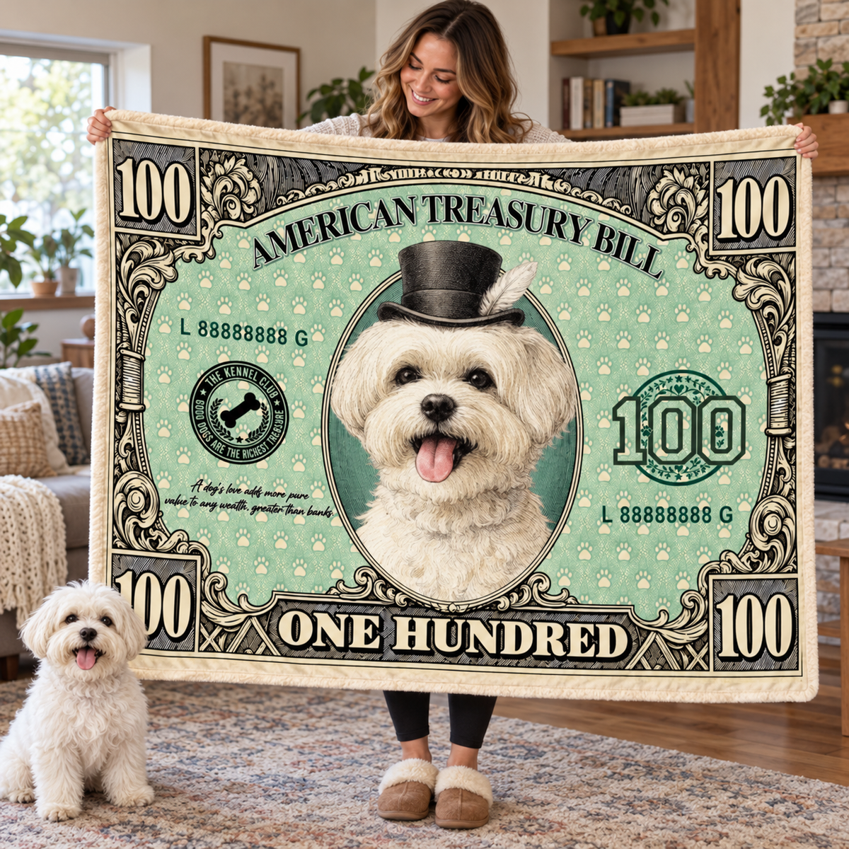 Personalized Pet 100 Dollar Bill Throw Blanket