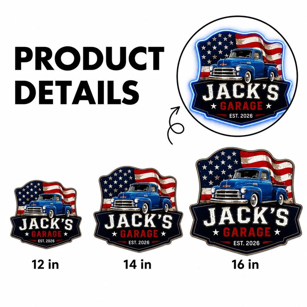 Personalized Vintage Truck American Flag Garage Metal Sign