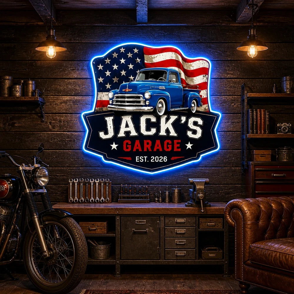 Personalized Vintage Truck American Flag Garage Metal Sign