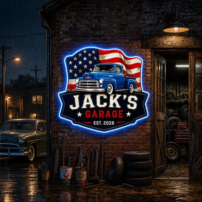 Personalized Vintage Truck American Flag Garage Metal Sign