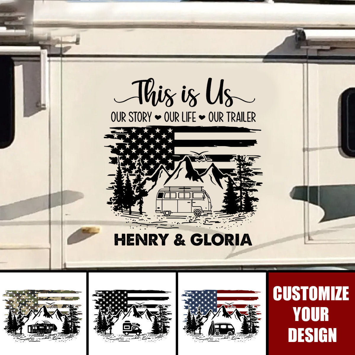 This Is Us Personalized Sticker Decal, Monochrome RV and Pine Forest Scene, Creative Gift for Camping Couples