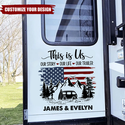 This Is Us Personalized Sticker Decal, Monochrome RV and Pine Forest Scene, Creative Gift for Camping Couples