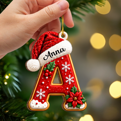 Personalized Santa Hat Monogram Letter Wooden Tree Ornament