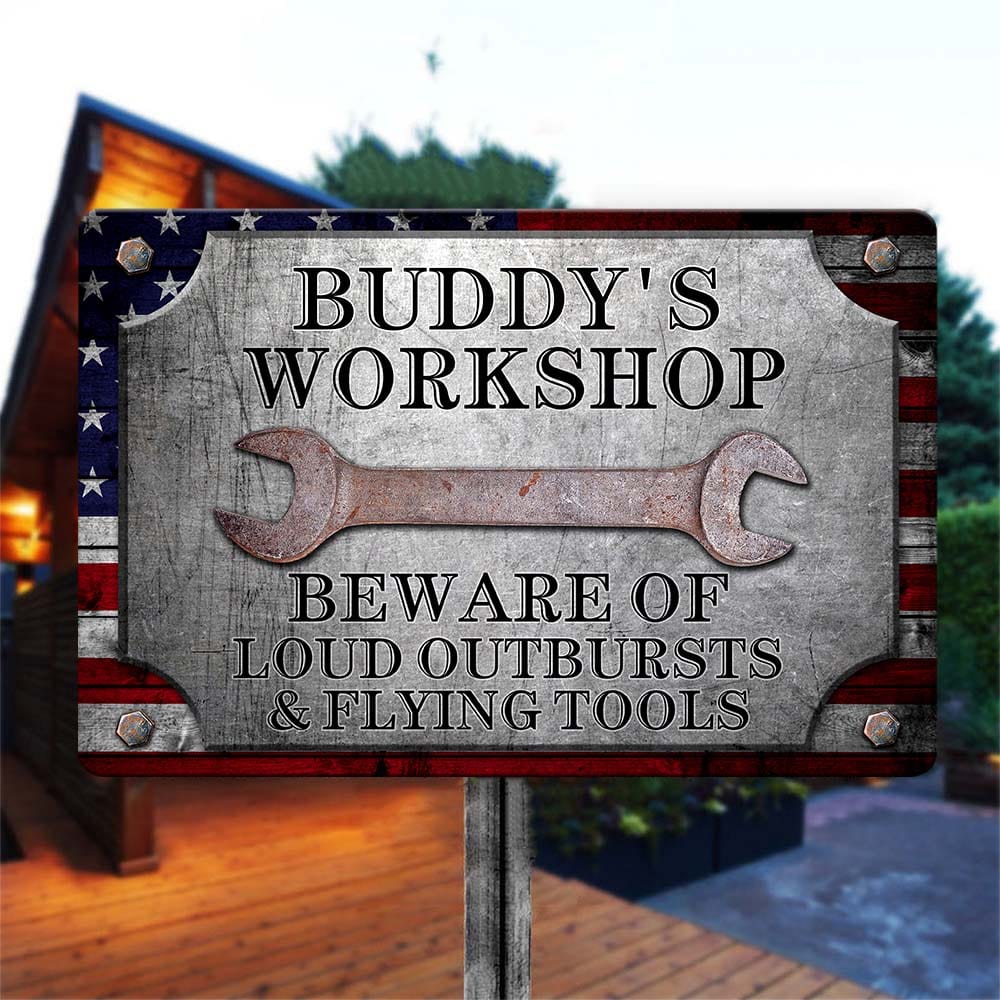 Personalized American Flag Wrench Garage Metal Sign