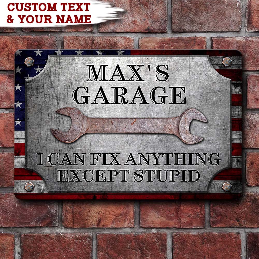 Personalized American Flag Wrench Garage Metal Sign