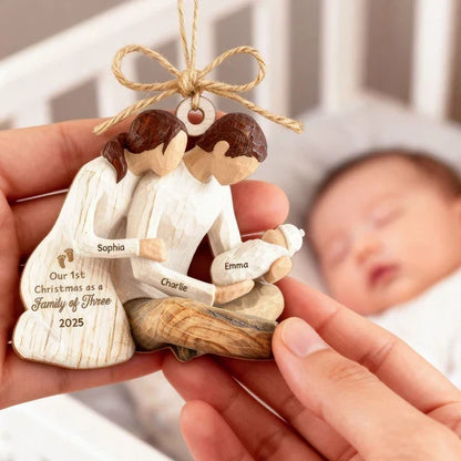 Personalized Wooden Ornament, New Parents Cradling Baby, Christmas Tree Decor and Unique Family Gift