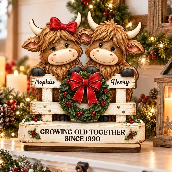 Personalized Highland Cow Couple Christmas Fence Layered Wood Plaque