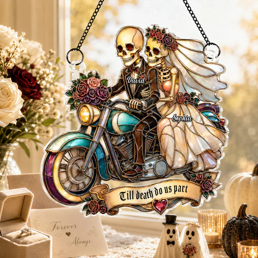 Personalized Skeleton Newlyweds Motorcycle Suncatcher