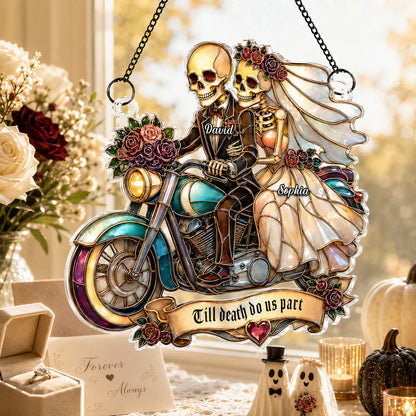 Personalized Skeleton Newlyweds Motorcycle Suncatcher
