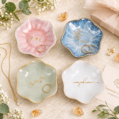 Personalized Birth Flower Name Ceramic Ring Dish Trinket Tray