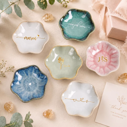 Personalized Birth Flower Name Ceramic Ring Dish Trinket Tray
