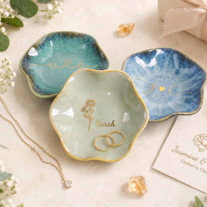 Personalized Birth Flower Name Ceramic Ring Dish Trinket Tray