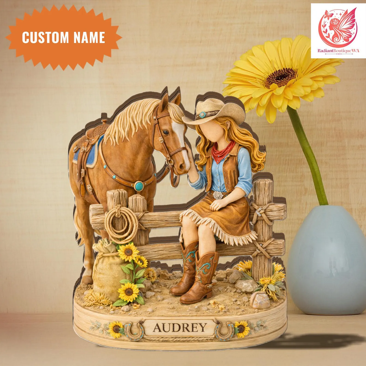 Personalized Wooden Plaque, Cowgirl Bonding with Her Horse by a Rustic Fence, Unique Equestrian Gift for Her