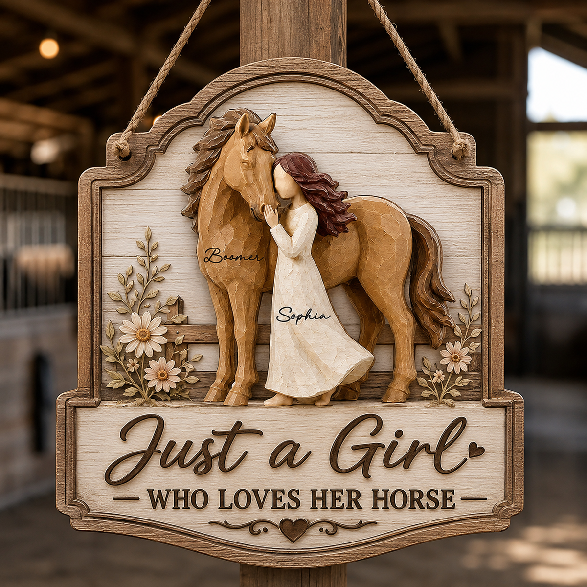 Warm Neutral Wooden Sign with Girl Nuzzling Horse, Personalized Keepsake, Creative Gift for Horse Lover