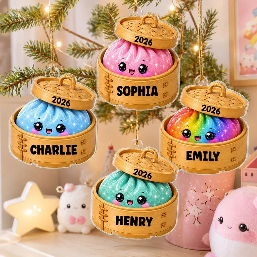 Personalized Acrylic Ornament, Cute Squishy Dumpling in Bamboo Steamer, Unique Christmas Gift for Kids