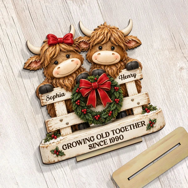 Personalized Highland Cow Couple Christmas Fence Layered Wood Plaque