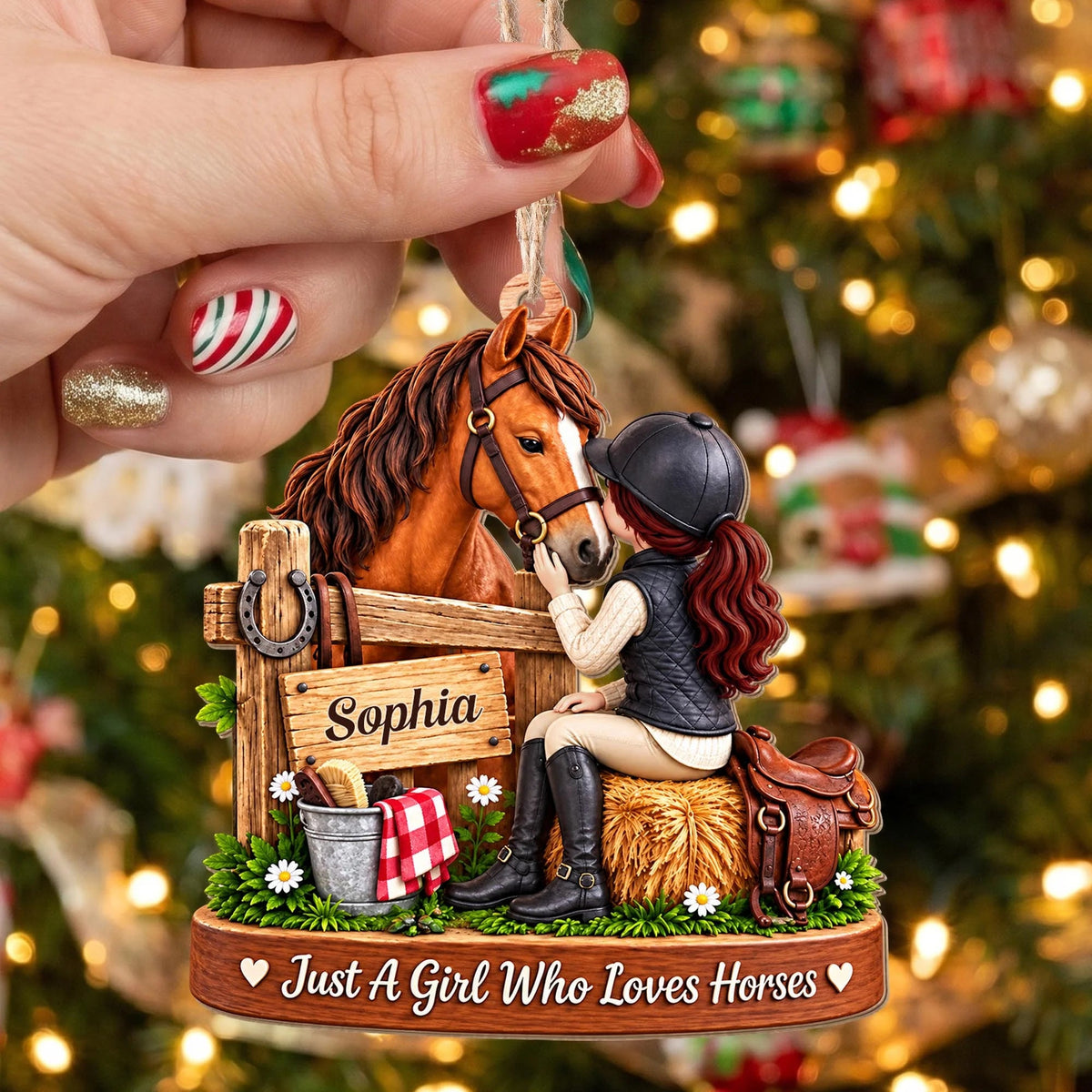 Personalized Girl Who Loves Horses Wooden Ornament