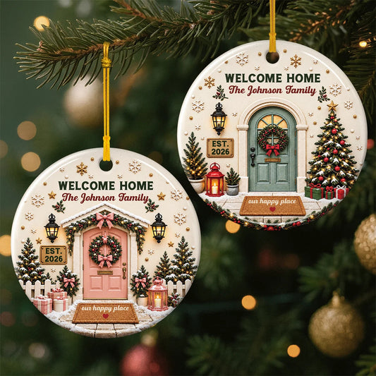 Personalized Welcome Home Snowy House Ceramic Keepsake Ornament