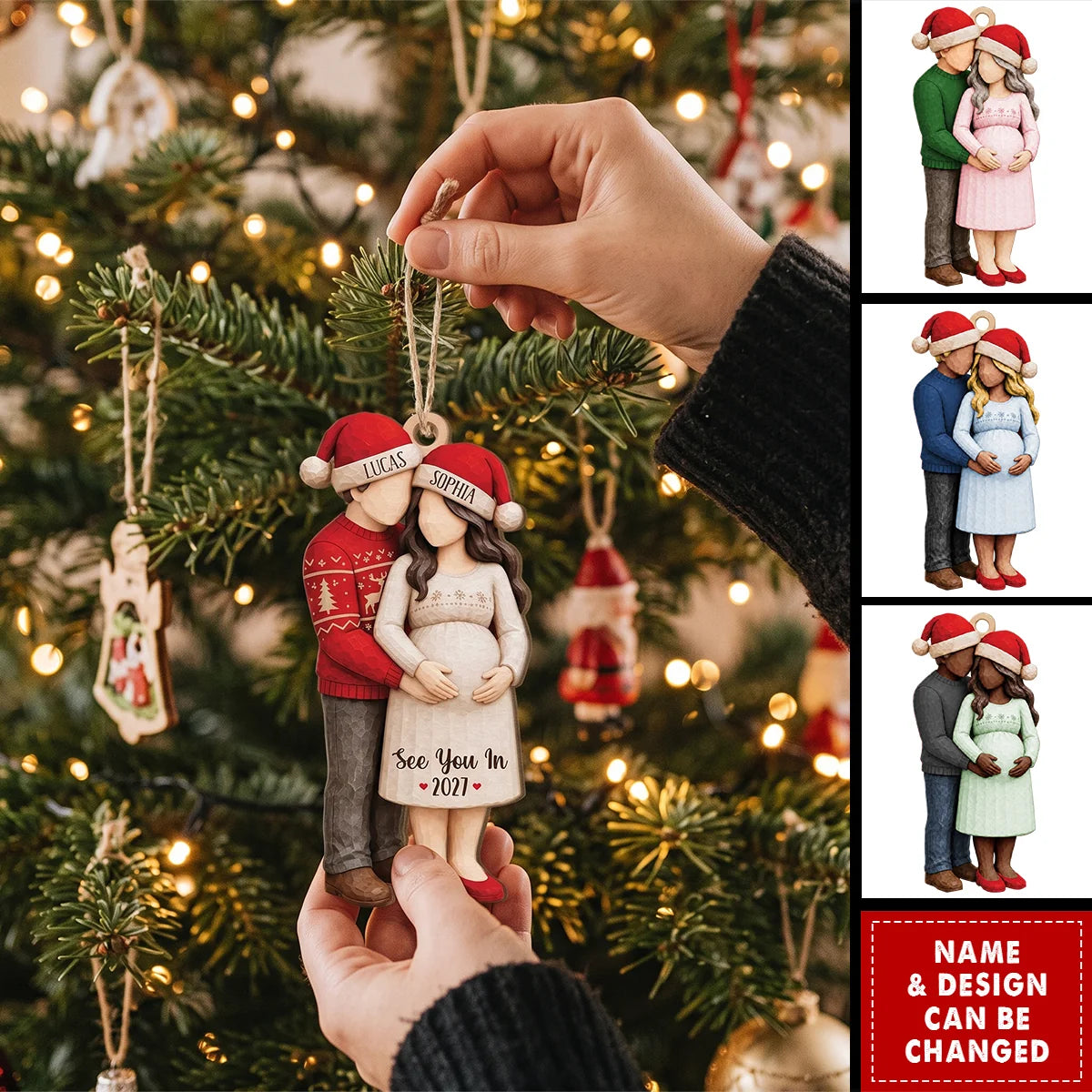 Personalized Expecting Couple Baby Bump Wooden Ornament