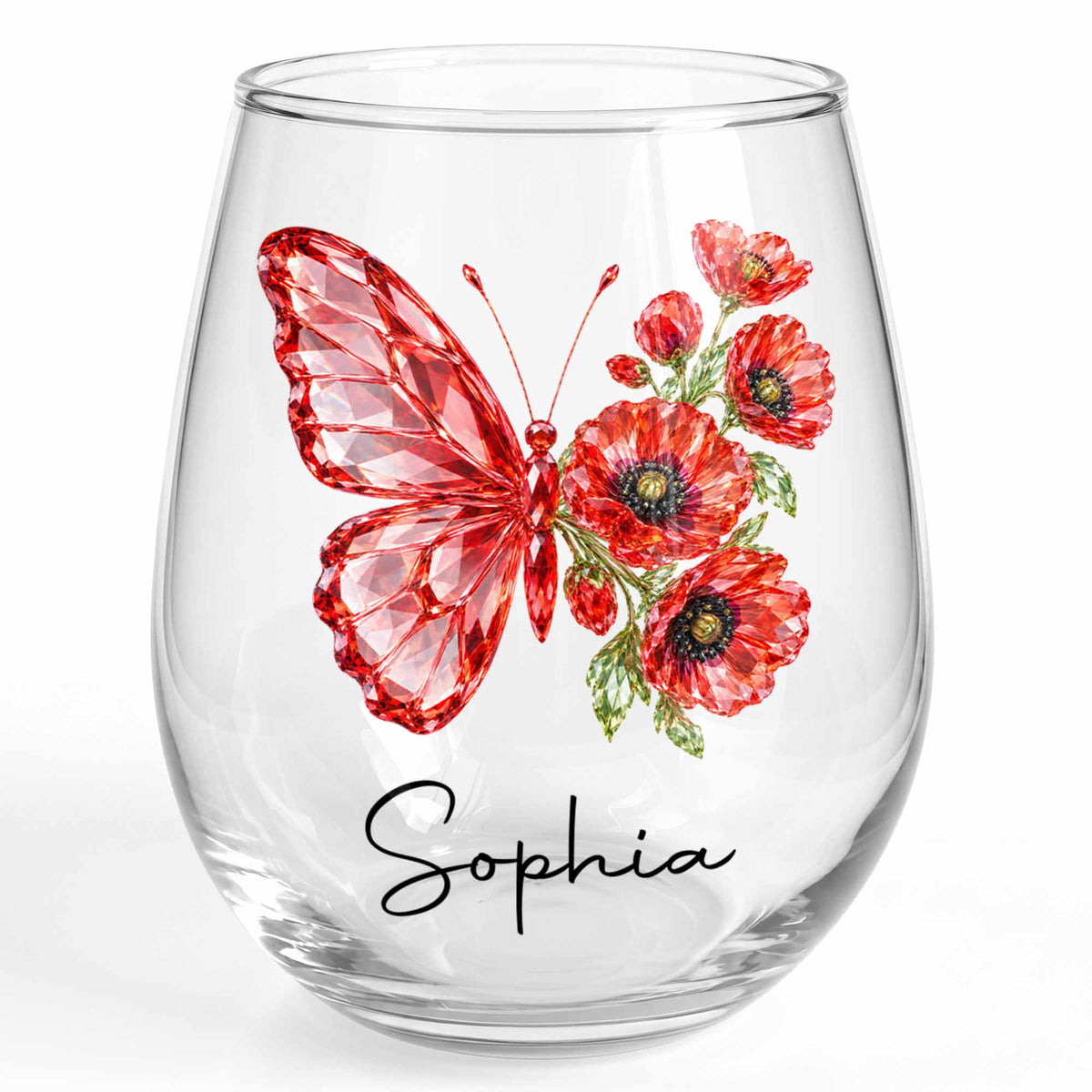 Personalized Birth Month Butterfly Custom Stemless Wine Glass