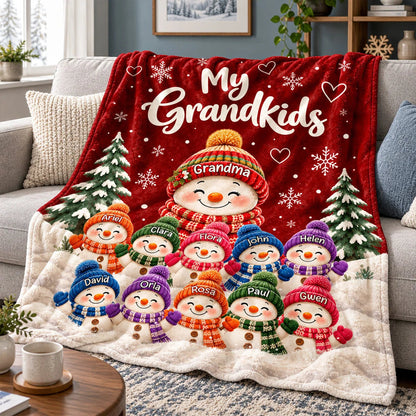 My Grandkids Personalized Snowman Blanket with Names - Custom Grandma Christmas Gift Throw