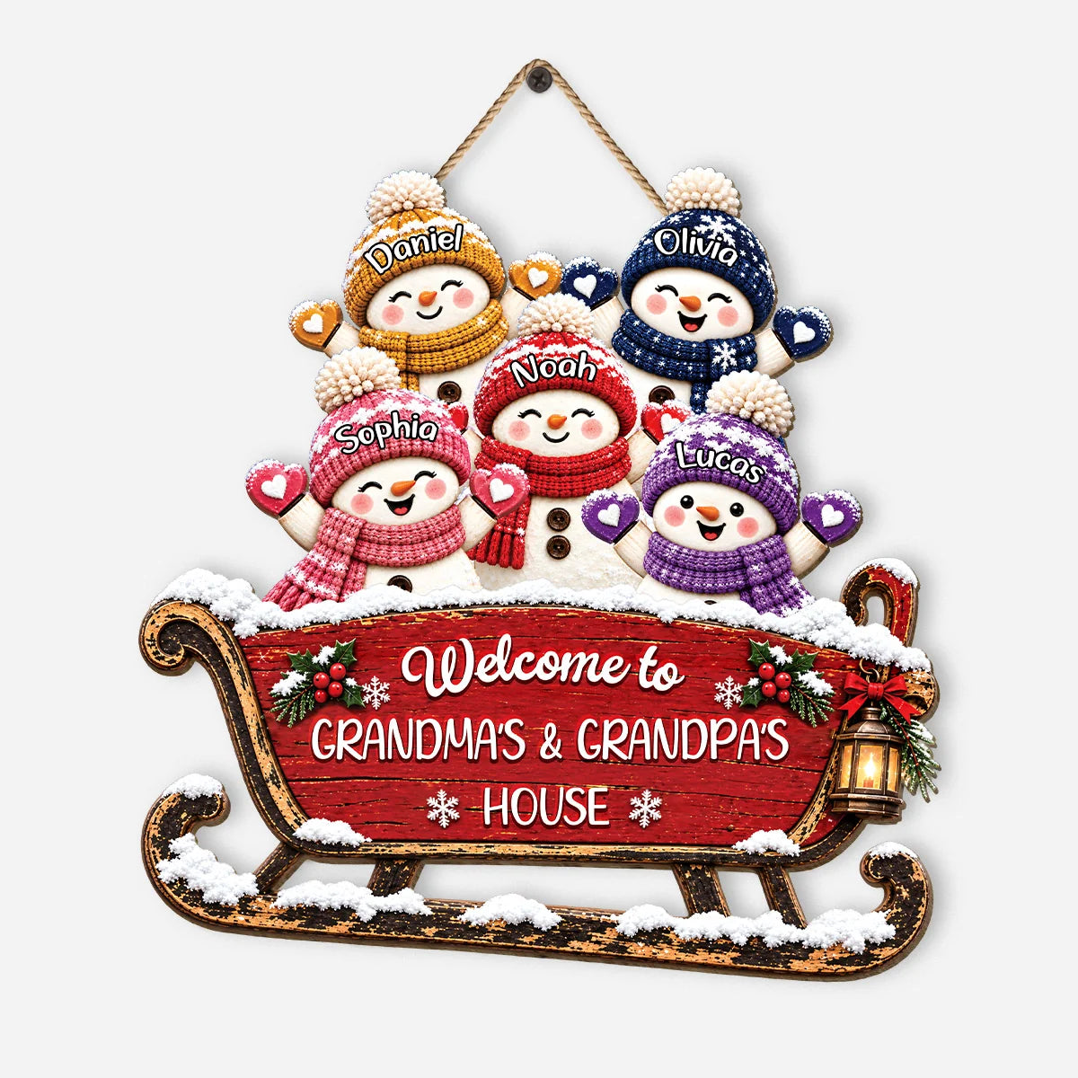Personalized Snowman Sleigh Welcome Door Wood Sign