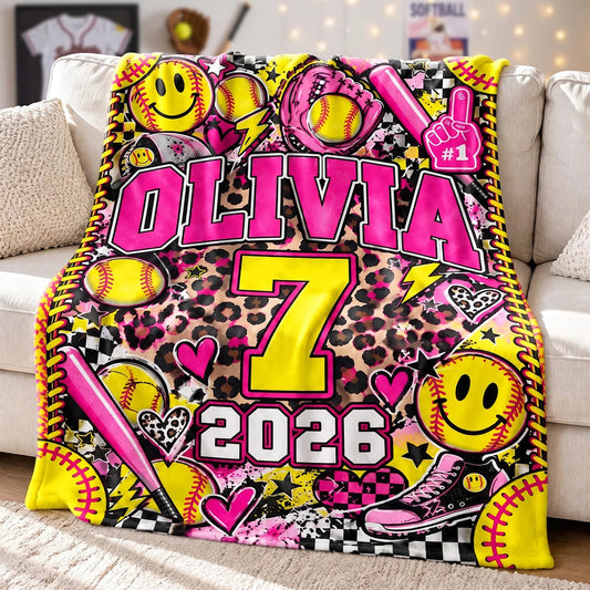 Personalized Softball Leopard Fleece Blanket