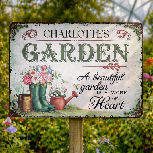 "A Beautiful Garden Is A Work Of Heart" Personalized Metal Sign - Garden Decor for Mom Grandma