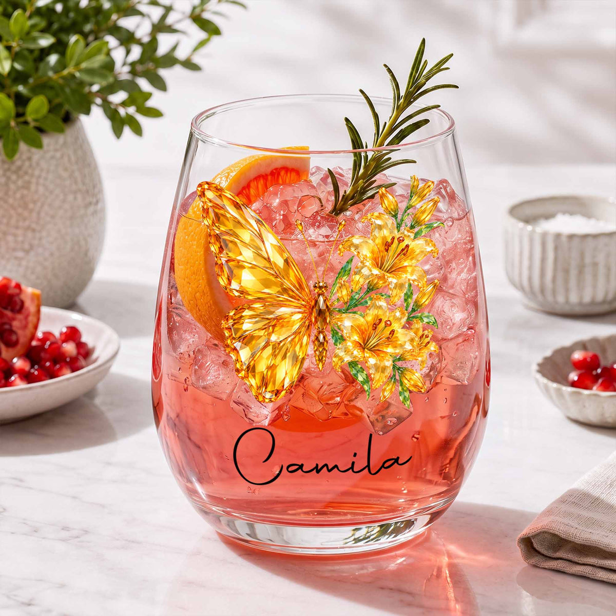 Personalized Birth Month Butterfly Custom Stemless Wine Glass