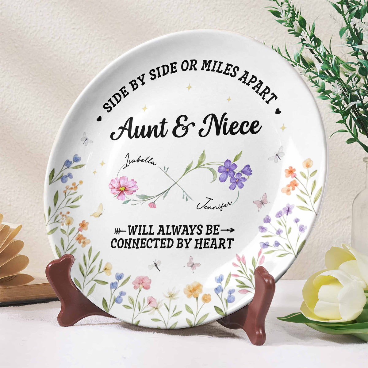 "Side By Side Or Miles Apart" Personalized Ceramic Plate - Keepsake for Aunt and Niece