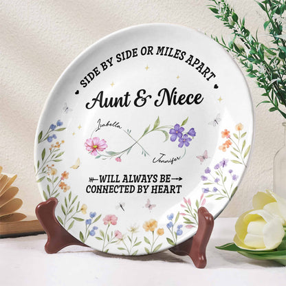 "Side By Side Or Miles Apart" Personalized Ceramic Plate - Keepsake for Aunt and Niece