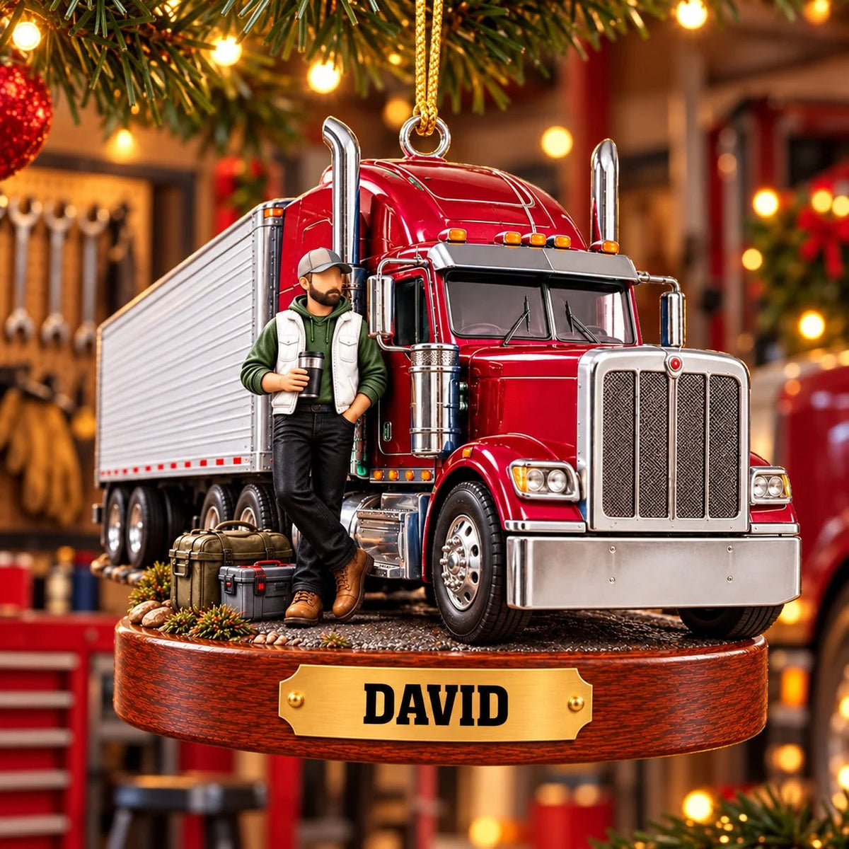 Custom Name Semi Truck Personalized Truck Driver Christmas Ornament - Holiday Gift for Dad & Husband
