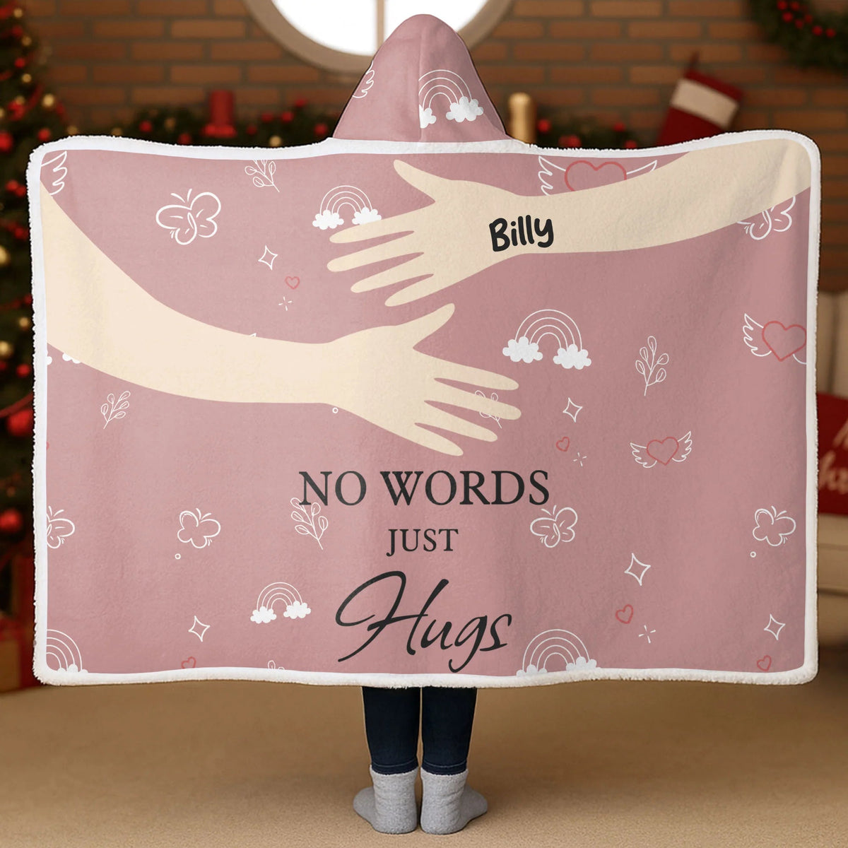 No Words Just Hugs Personalized Blanket with Hood - Custom Memorial Wearable Throw Blanket for Grandma & Family